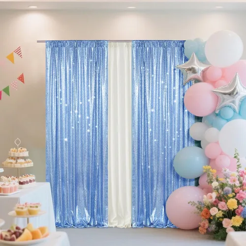 Vista 6 de PartyDelight Cortinas de fondo de lentejuelas color azul bebé, 2 paneles de 2 x 8 pies, alta densidad de 0.118 in, fondo de lentejuelas brillantes