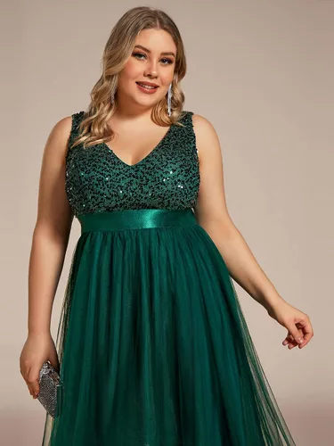 Vista 5 de Ever-Pretty Womens Double V Neck A Line High Low Sequin Tulle Plus Size Formal Evening Dresses 0147A-DA