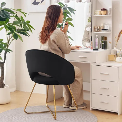 Vista 3 de Furniliving Silla decorativa de terciopelo para sala de estar, cómoda silla tapizada de barril con respaldo, silla de maquillaje negra de mediados