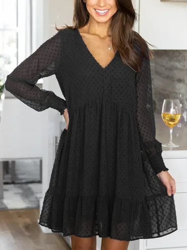 Vista 2 de FAMITION Vestido de punto suizo para mujer manga larga cuello en V vestido tipo túnica casual con volantes de gasa mini vestidos