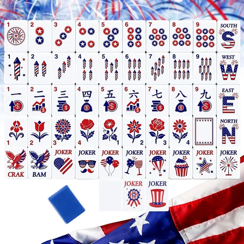 Vista 9 de Arrowbash Juego de azulejos Mahjong americanos, 160 piezas, tema de EE. UU Rojo