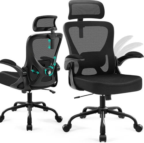 Vista 10 de AreShark Silla de Oficina - Silla de Escritorio Ergonómica de Malla Respirable con Soporte Lumbar Ajustable y Reposabrazos Abatibles - Silla Negro