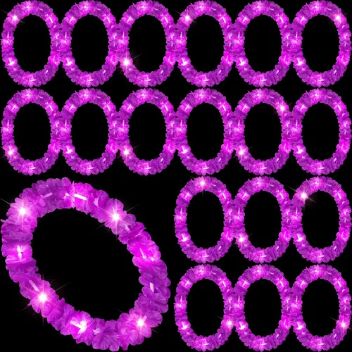 Vista 10 de Sherr 24 piezas de collares de flores hawaianas con luces LED para boda, luces LED para luau, collares de flores hawaianas para playa, carnaval