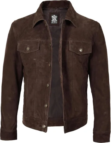 Vista 2 de Blingsoul Brown Suede Jacket Men - Chaqueta de piel de cordero real negra para hombres