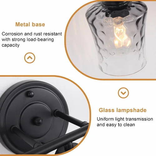 Vista 6 de Lámpara de baño de 3 luces, lámpara de tocador negra mate con pantalla de vidrio gris, moderna lámpara de pared de baño E26 para sobre espejo