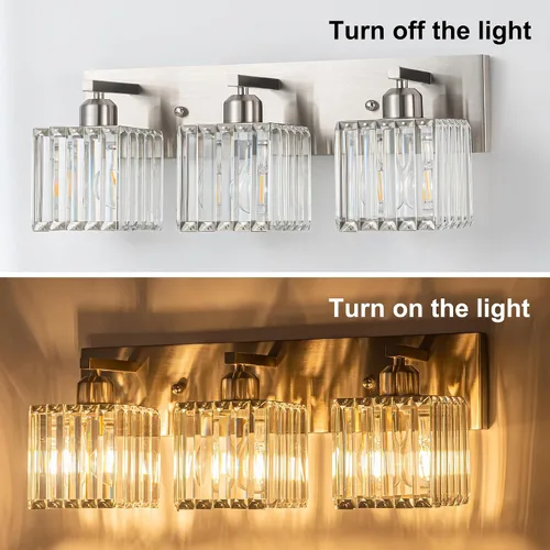 Vista 4 de Moderna lámpara de tocador de baño, 3 luces, accesorios de luz de cristal, cromo Lámparas de cristal sobre espejo,Lámpara de pared de cristal