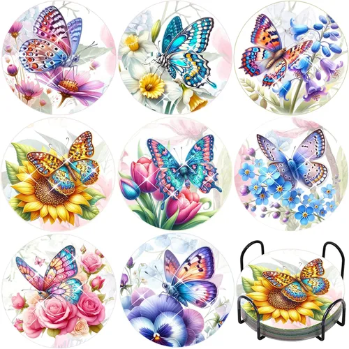 Vista 8 de TDOOW Posavasos de arte de diamante, 8 piezas de posavasos de pintura de diamante, kit de arte de diamantes de abeja para adultos, regalo