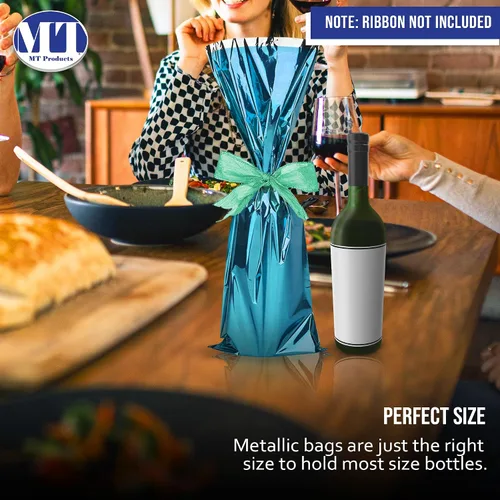 Vista 4 de MT Products Bolsas de regalo de vino Mylar metalizadas azules de 6.5 x 18 pulgadas, ideales para tirar de vino, paquete de 25