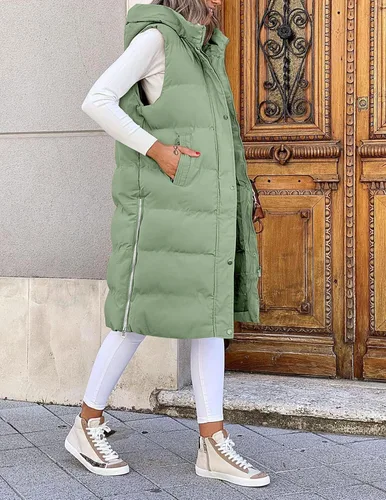 Vista 6 de LEANI Chaleco largo acolchado con cremallera completa para mujer, abrigo sin mangas con bolsillos