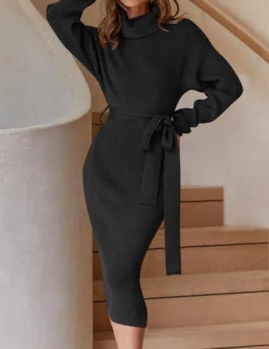 Vista 44 de ZESICA - Vestido por debajo de la rodilla de suéter, de cuello alto, para mujer, de manga larga, de punto acanalado, con abertura y cinturón