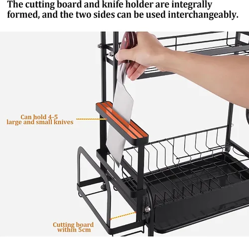 Vista 3 de Escurridor de platos que ahorra espacio de 2 niveles para encimera de cocina, bandeja escurridor de platos de acero inoxidable con soporte