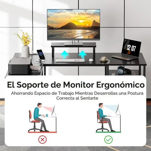 Vista 8 de Furologee Escritorio para computadora en forma de L con toma de corriente, escritorio reversible de oficina en casa para estudio de trabajo, mesa