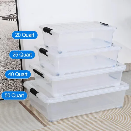 Vista 4 de Xyskin Paquete de 4 contenedores organizadores con ruedas para debajo de la cama con tapas de cierre, 25 cuartos de galón de plástico debajo