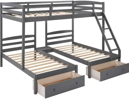 Vista 5 de Merai - Cama matrimonial y litera doble, litera triple de madera con cajones y barandillas (gris 2)