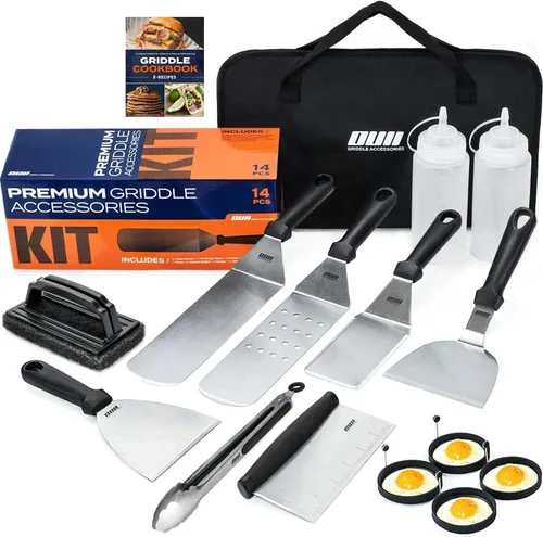 Vista 10 de Accesorios de plancha plana para parrilla Blackstone y Camp Chef - Juego de 9 piezas con kit de limpieza de plancha y bolsa de transporte. Espátula