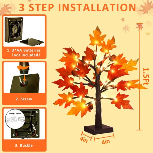 Vista 7 de Árbol de arce de otoño iluminado de 1.5 pies, lámpara de mesa de Acción de Gracias con 36 luces LED, hojas de arce, 6 bellotas, función