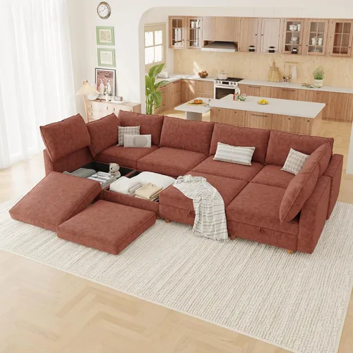 Vista 34 de 95.5" Sofá seccional modular de chenilla con almacenamiento oculto, sofá cama convertible en forma de L y U, sofá seccional moderno de 6 plazas