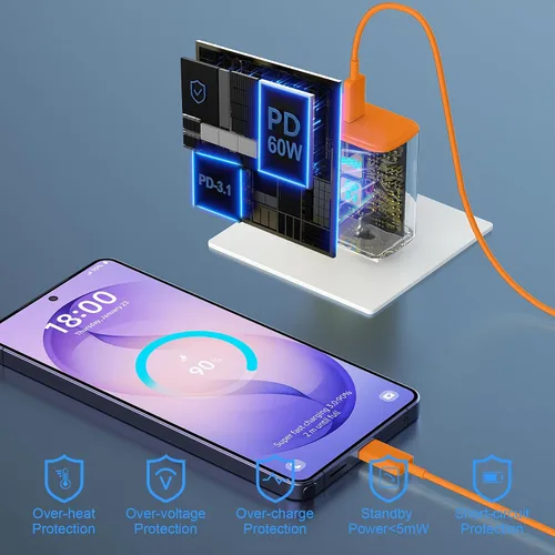 Vista 6 de Cargador USB C súper rápido de 60 W, cargador tipo C, bloque de carga rápida para teléfono Android con cable de carga rápida USB C de 10 pies