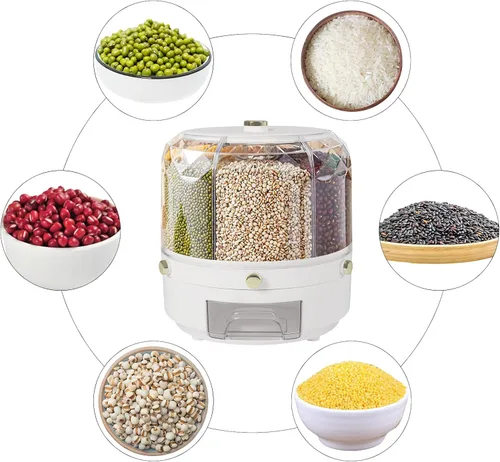 Vista 7 de Dispensador de granos giratorio de 6 rejillas, dispensador de cereales, dispensador de arroz, dispensador de alimentos giratorio de 360°