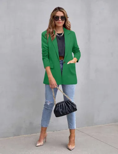 Vista 4 de CRAZY GRID Chaqueta casual para mujer, con bolsillos, de manga larga, frente abierto, para el trabajo, oficina, chaqueta con solapa y botones