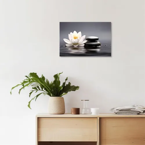 Vista 5 de QIXIANG Arte de pared Zen con piedras negras y flores de loto blanco, impresiones sobre lienzo para yoga, spa, meditación, decoración de baño