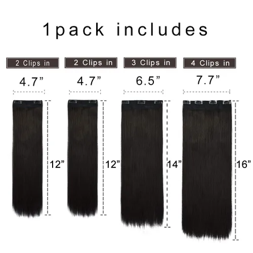 Vista 2 de REECHO - Juego de 4 extensiones de cabello sintético con clip de 12 pulgadas, 14 pulgadas y 16 pulgadas, lacio, largo y grueso, marrón oscuro