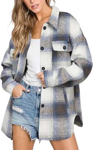 Vista 9 de Beaully Chaqueta-Camisa de Franela a Cuadros para Mujer, Trajes de Otoño 2025, Camisa de Manga Larga con Botones, Chaqueta Abrigo con Bolsillos Negro