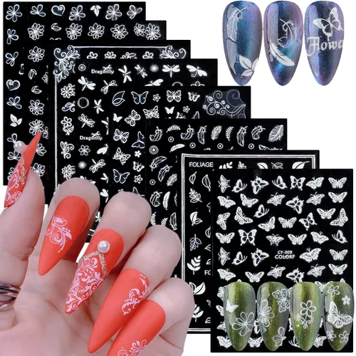 Vista 8 de Calcomanías abstractas para arte de uñas, holográficas, luminosas, 3D, autoadhesivas, hojas, flores, hojas, niñas, luna, decoración de uñas