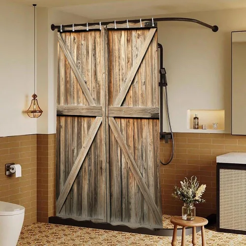 Vista 10 de Cortina de ducha de puerta de granero de madera rústica, 60 x 70 pulgadas, beige