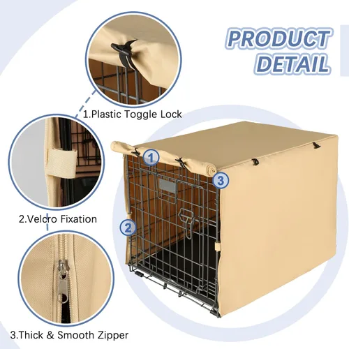 Vista 2 de Funda para jaula de perro, funda impermeable de doble puerta, funda protectora de poliéster 600D duradera para jaula de perro de 24/30/36/42/48 Beige
