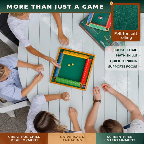Vista 7 de Shut The Box Game Tablero de madera para 4 jugadores, juego de 14 pulgadas, 12 números para adultos y niños, ideal para noche