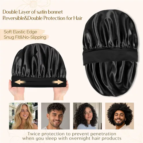 Vista 3 de YANIBEST Gorro de seda para hombres y mujeres, gorro de satén de doble capa para cabello rizado natural, gorro de dormir unisex