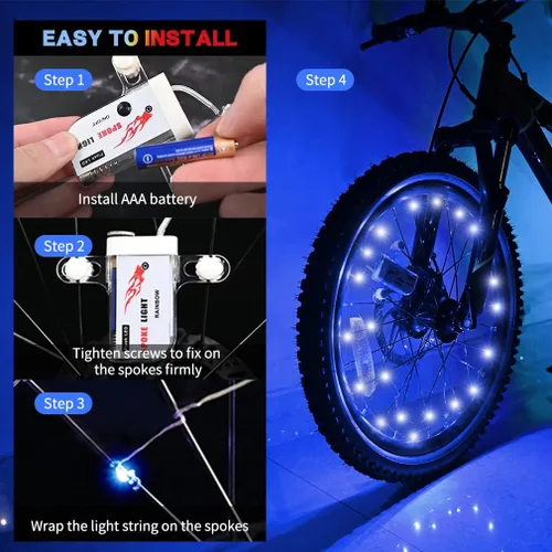 Vista 4 de TINANA Paquete de 2 luces LED para rueda de bicicleta, luces ultrabrillantes impermeables para radios de bicicleta, decoración de ciclismo