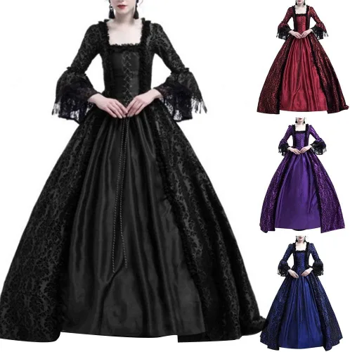 Vista 2 de Ladies Halloween Lace Panel Big Bell Sleeve Medieval Court Retro Cosplay Performance Costume Dress