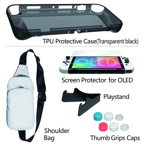 Vista 4 de omarando TPU Case Cover Accessories Kit for Nintendo Switch (OLED Model),Shoulder Bag for Switch,with Tempered Glass Screen Protector ,Thumb Grip