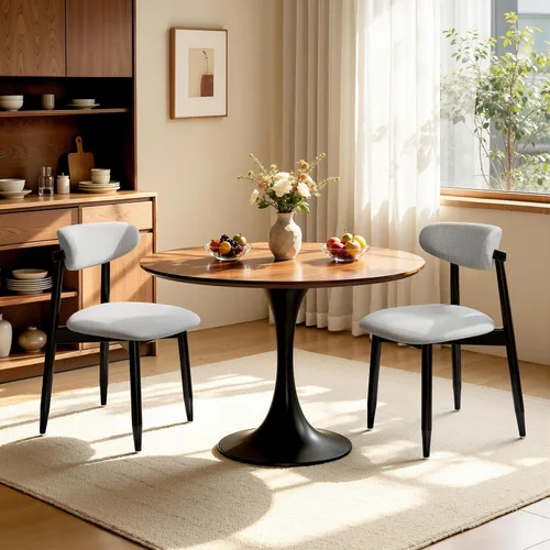 Vista 28 de CHUN YI Juego de 2 sillas de comedor tapizadas de madera maciza, sillas auxiliares de cocina de tela moderna de mediados de siglo con respaldo Beige