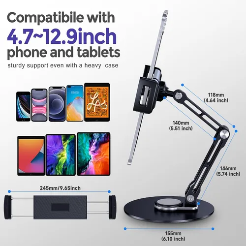 Vista 5 de Soporte para tableta para iPad, ajustable con base giratoria de 360 grados para escritorio, soporte giratorio de aluminio para tableta compatible