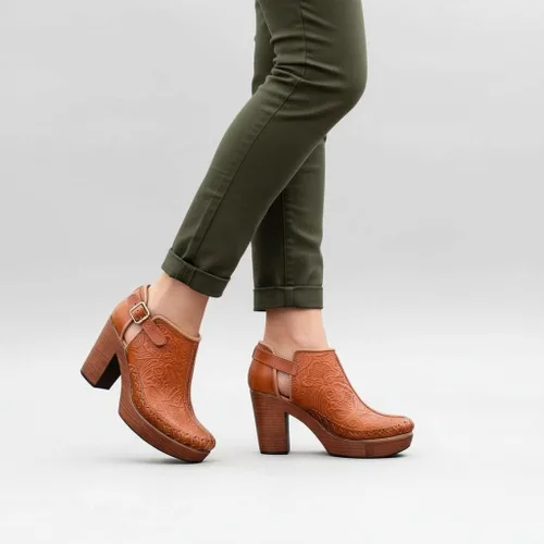Vista 5 de Botines de piel auténtica grabados mexicanos con correa para mujer - Modelo 490