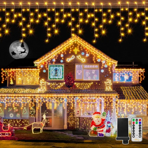 Vista 11 de Ollny Luces de Carámbano para Exteriores Blanco Frío, 600LED 49FT Luces de Navidad con Control Remoto 8 Modos Regulables, Impermeable Conectable