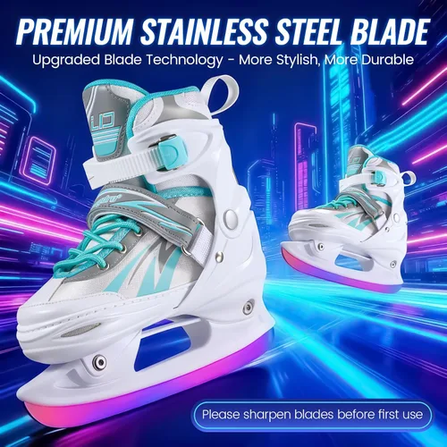 Vista 7 de Patines de hielo ajustables para niños, niñas y niños, 4 tamaños ajustables para principiantes, patines de hockey sobre hielo para jóvenes