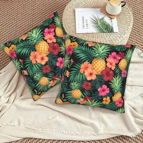Vista 6 de Perinsto Hawaii - Juego de 2 fundas de almohada decorativas con diseño de hojas de palmera tropicales, flores de hibisco, fundas de cojín suaves