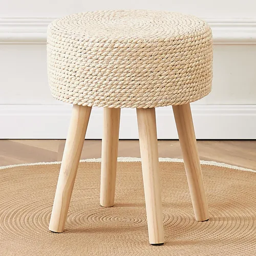 Vista 7 de Cpintltr Taburete otomano redondo con patas de madera maciza, reposapiés de jacinto tejido a mano, taburete para sala de estar, balcón, jardín