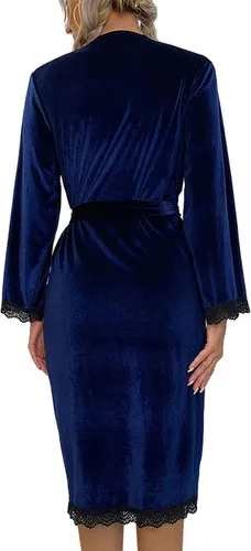 Vista 4 de Bata de terciopelo de encaje para mujer, sexy, cuello en V, bata de baño corta, ropa de dormir para boda nupcial