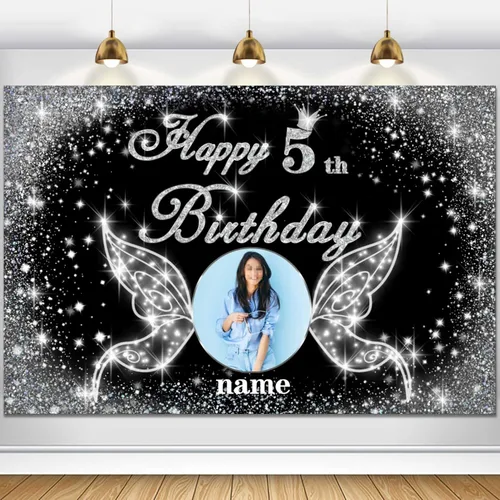 Vista 96 de Cartel personalizado de decoración de fiesta de cumpleaños número 100 - tema de alas de ángel - negro y plateado HY-NLK-100º