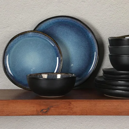 Vista 5 de Gibson Elite Nardini 12 Piezas (Servicio para 4) Platos y Cuencos de Esmalte Reactivo Vajilla de Cerámica de Piedra - Negro y Azul