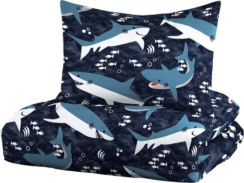 Vista 2 de Sharks - Juego de edredón individual para niños, edredón de algodón de 2 piezas con relleno de poliéster, color azul marino