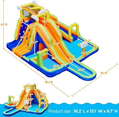 Vista 3 de Yaheetech - Casa inflable para rebotar, tobogán acuático estilo nubes arcoíris 10 en 1 Combo w/ 2 Pools & Large Climbing Wall & Tunnel, Double