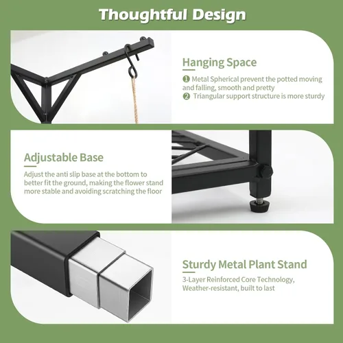 Vista 4 de CZWL&HG Soporte de 3 niveles para plantas colgantes para interiores y exteriores, estante de metal de 67 pulgadas de alto para 5 flores en maceta