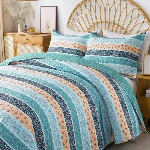 Vista 62 de Juego de cama de dos piezas, tamaño individual, de microfibra, reversible, de retazos, estilo floral, todas las estaciones, patrón de porcelana azul