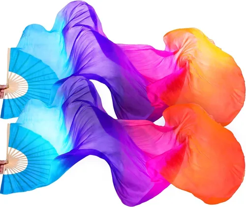 Vista 7 de 1 par (izquierdo + derecho) de abanicos de seda artificial de bambú para danza del vientre, abanicos de tela coloridos para danza, abanicos largos